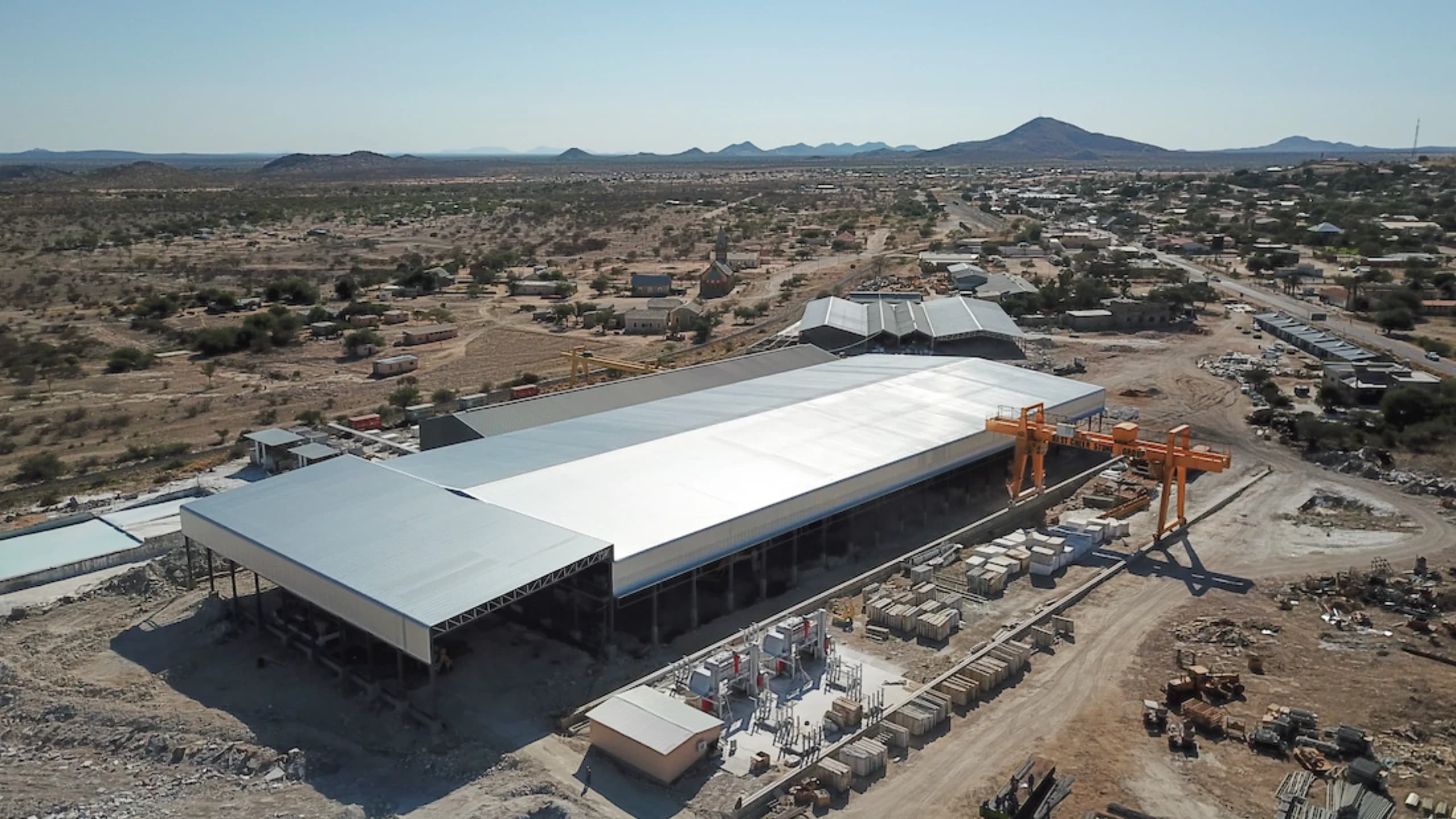 Aerial view of Best Cheer Stone’s marble processing plant and surrounding yard in Karibib, Namibia.